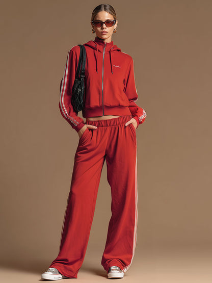 Sporty Retro Ribbon Embroidered Red Zipper Hooded Sweatshirt And Wide-Leg Pants Set