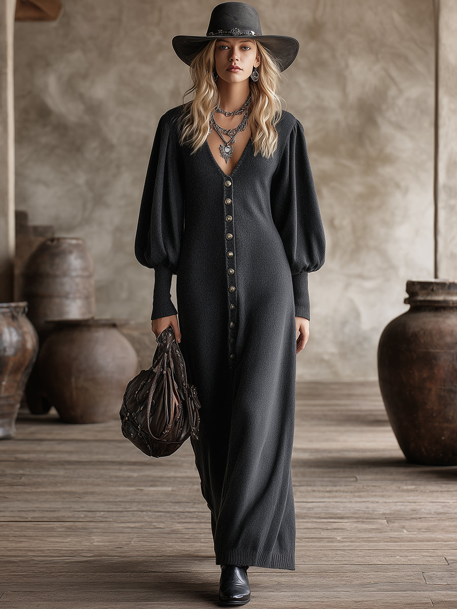 Casual And Stylish Button-decorated V-neck Dark Gray Knit Maxi Dress