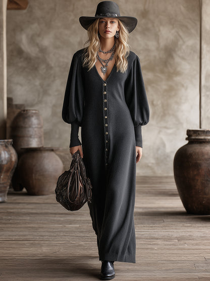 Casual And Stylish Button-decorated V-neck Dark Gray Knit Maxi Dress