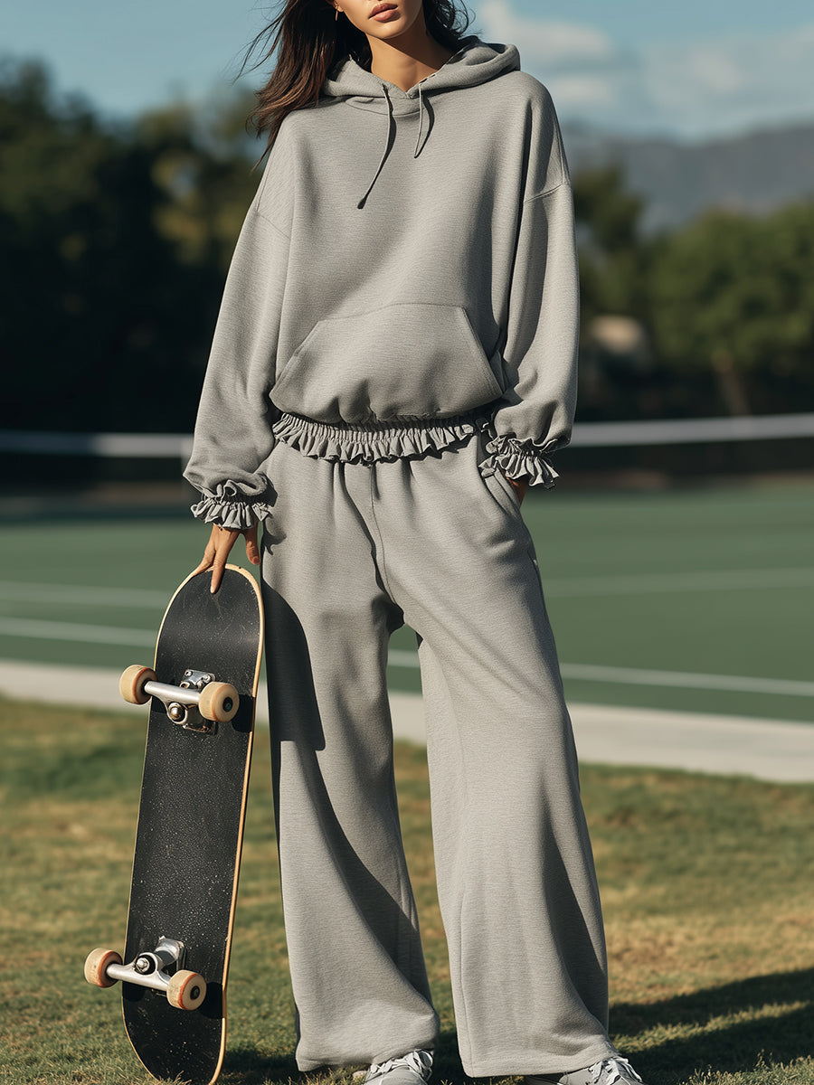 Sporty Casual Ruffle Trim Gray Hooded Sweatshirt And Trousers Set