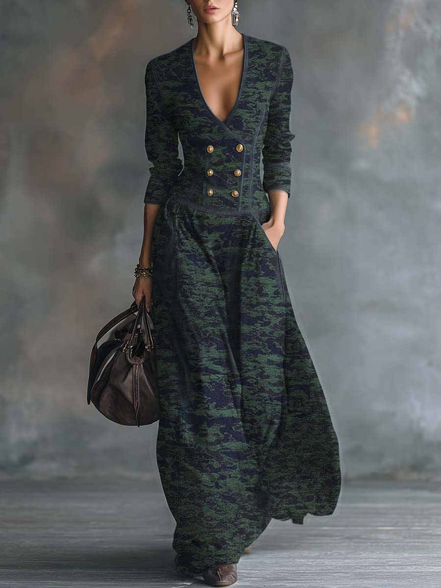 Vintage Elegant Exquisite V-neck Front Button Blue And Green Camouflage Denim Maxi Dress