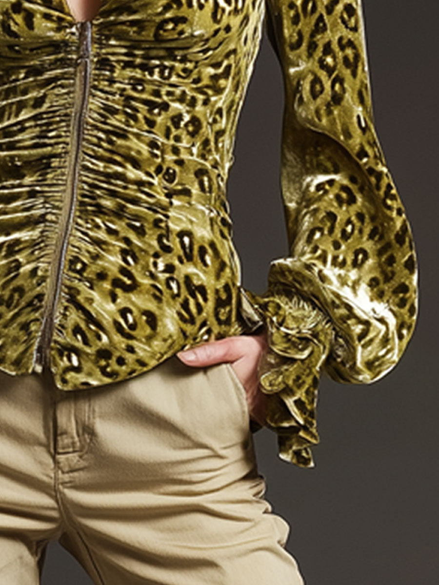 Casual Retro Leopard Print Moss Green Velvet Pleated Zipper Long-Sleeve Shirt