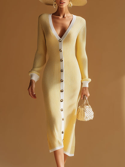 Stylish And Elegant White-trimmed Yellow V-neck Knitted Midi Dress