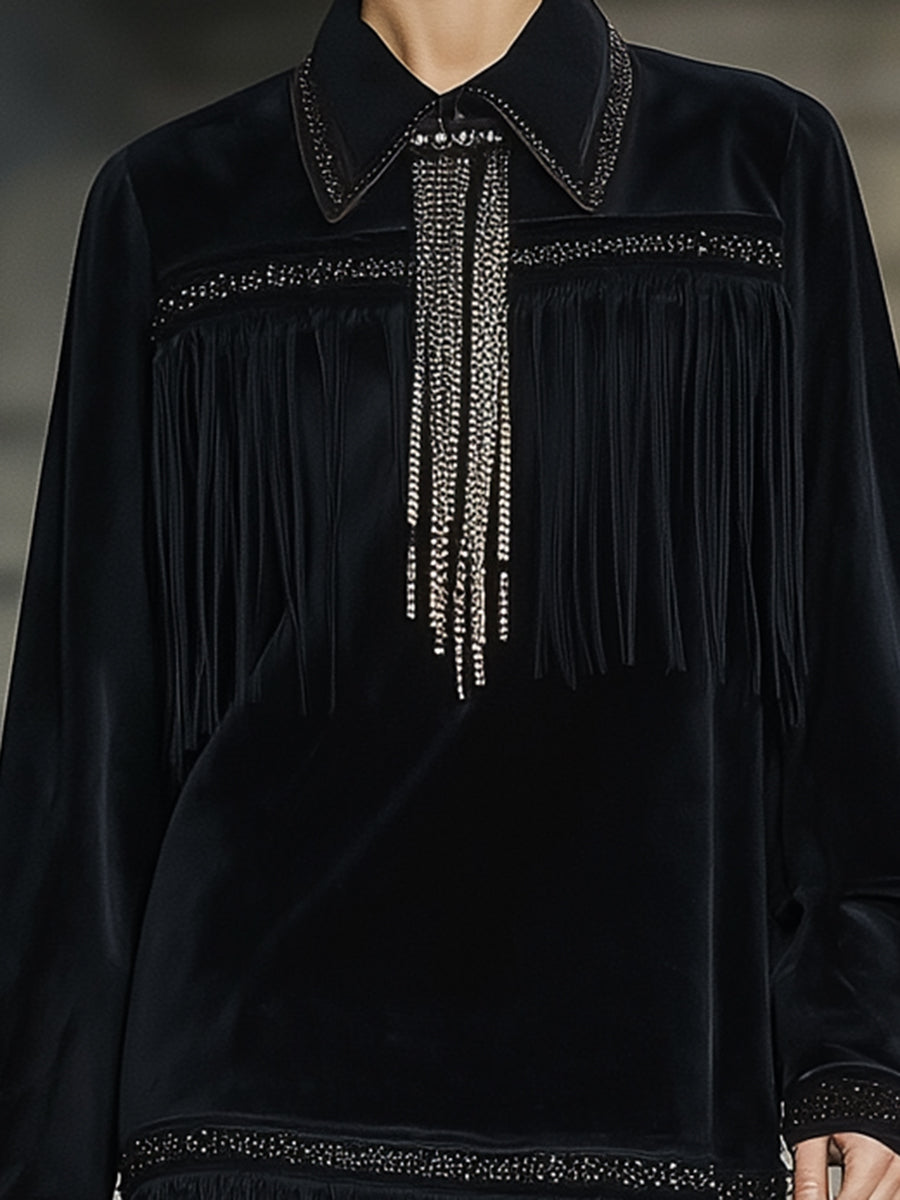 Stylish Black Faux Suede Patchwork Webbing And Tassel Mini Dress