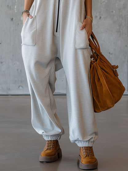 Sporty Retro White-grey Cotton Blend Sleeveless Hooded Jumpsuit