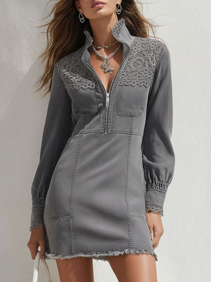 Stand-up Collar Half-zip Denim Patchwork Lace Mini Dress