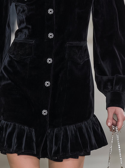 Stylish Black Corduroy Button-down Ruffled Bull&