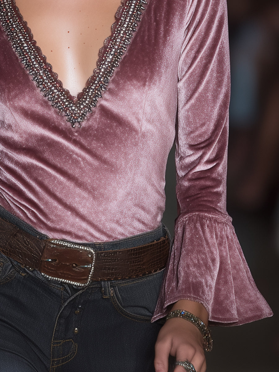 Pink Velvet V-neck Spliced with Ribbon Flared Top