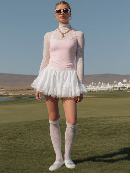 Fashionable Sporty Lace Long-sleeved Pink Vest With Ruffled Skirt Three-piece Set