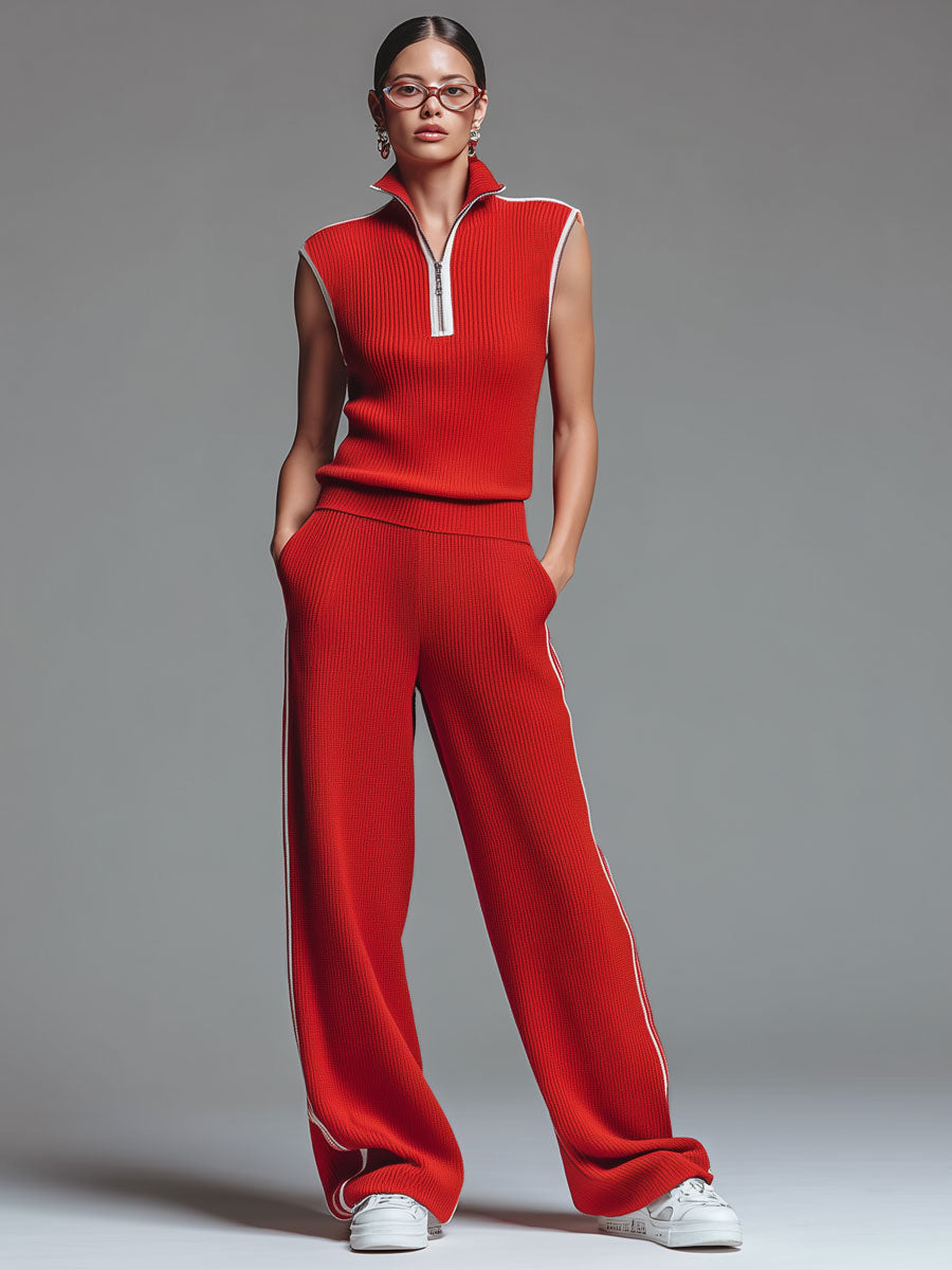 Sporty Retro Striped Red Knit Ribbed Sleeveless Top And Wide-leg Pants Set