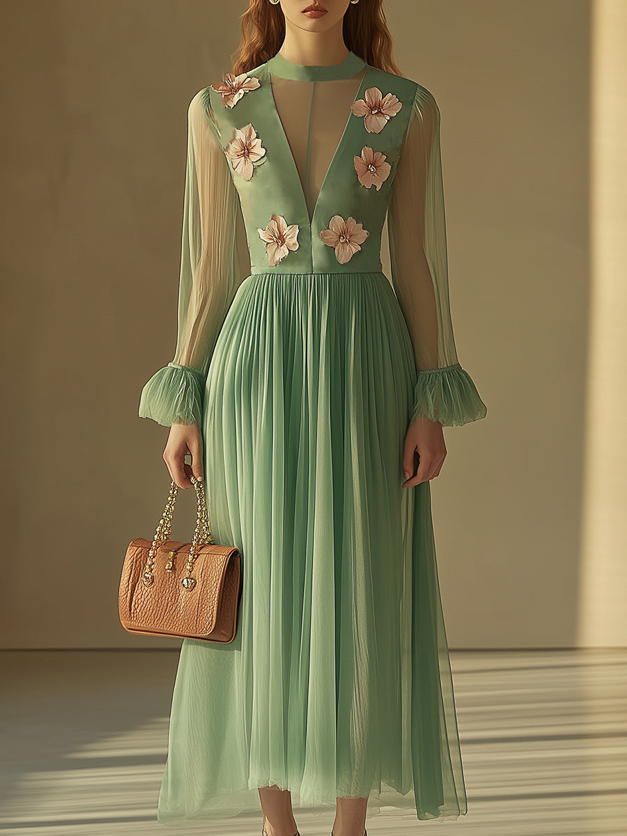 Elegant and Casual Saga Green See-through V-neck Chiffon Three-dimensional Flower Midi Dress