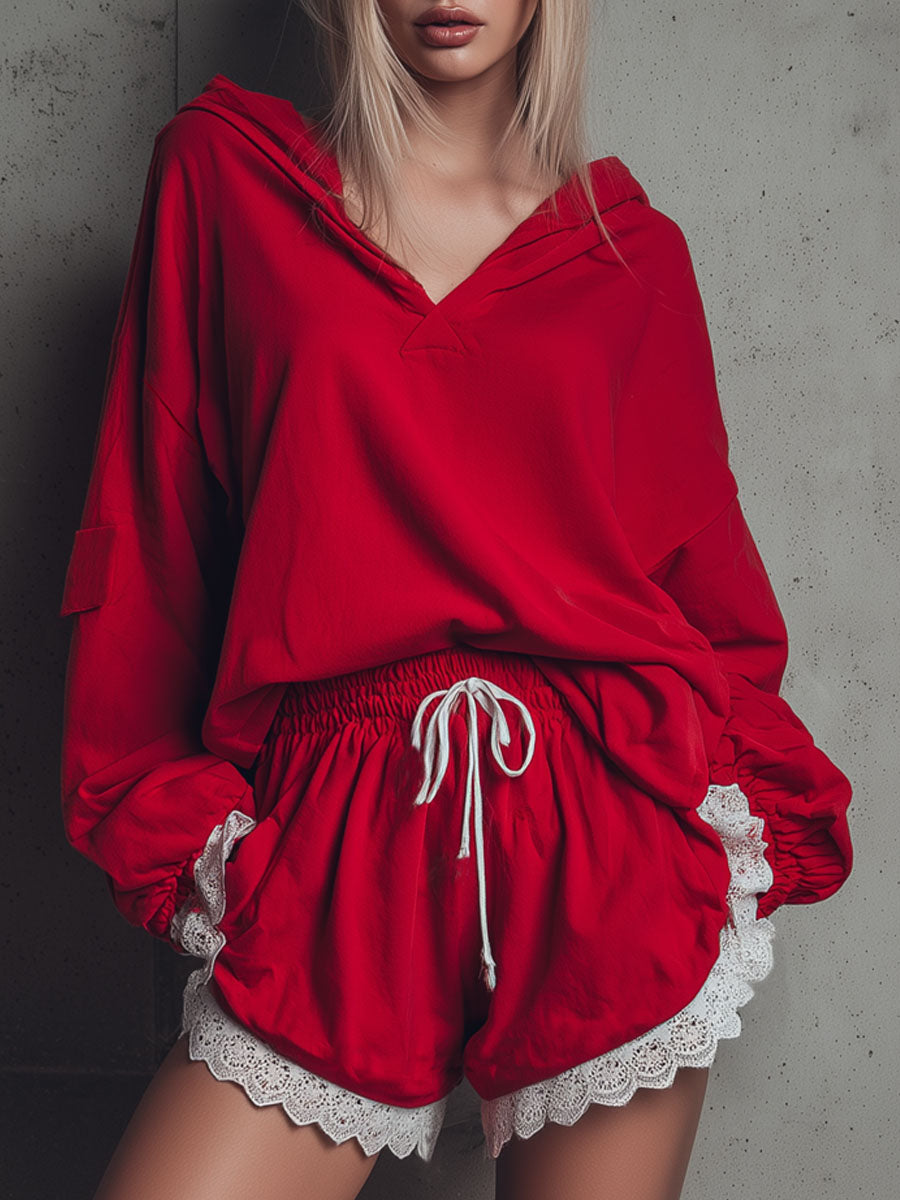 Lace-trimmed Loose-fitting Hooded Sweatshirt And Shorts Tracksuit Set