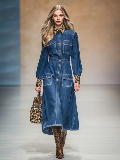 Retro Elegant Leopard Print Lapel Denim Midi Dress