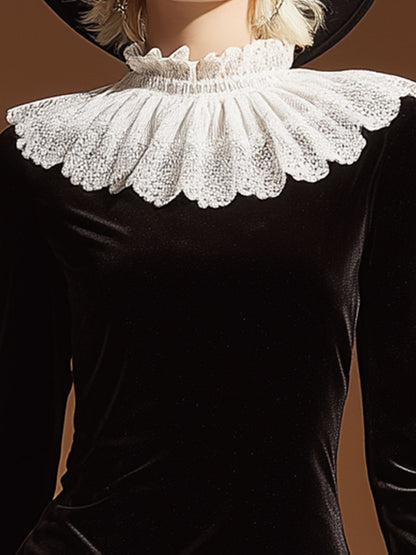 Stylish Vintage White Lace And Black Velvet Mini Dress