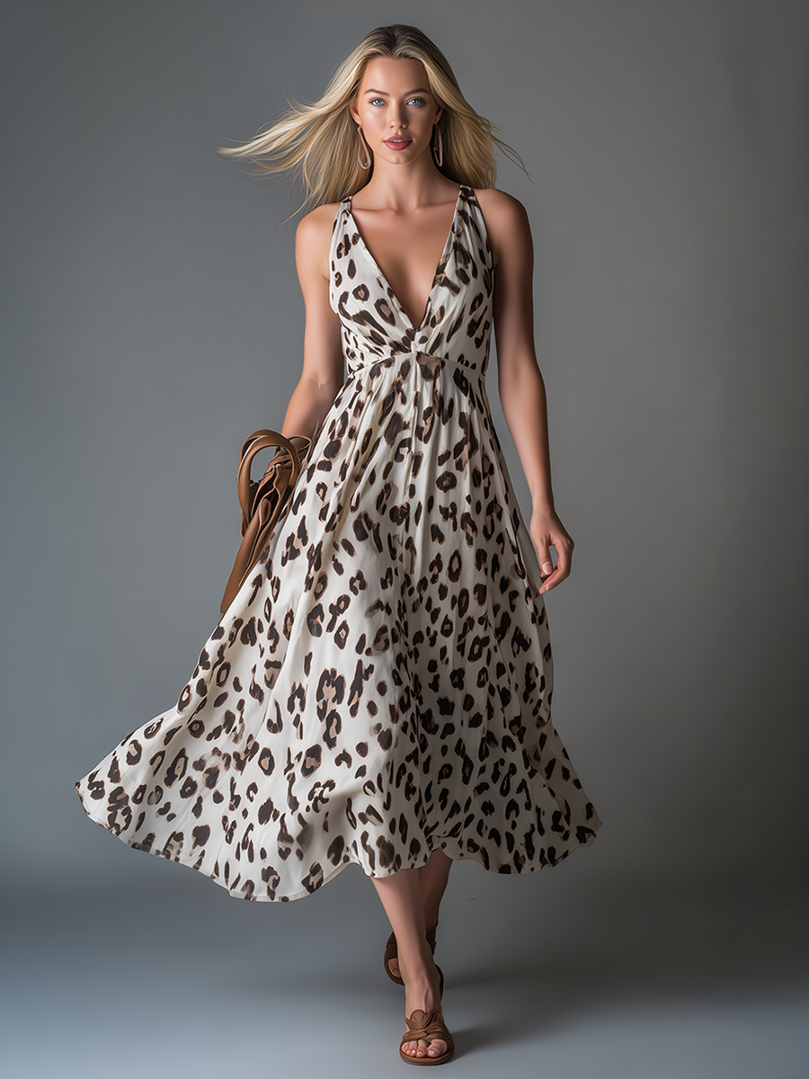 Retro-chic V-neck Sleeveless Leopard Print Chiffon Midi Dress