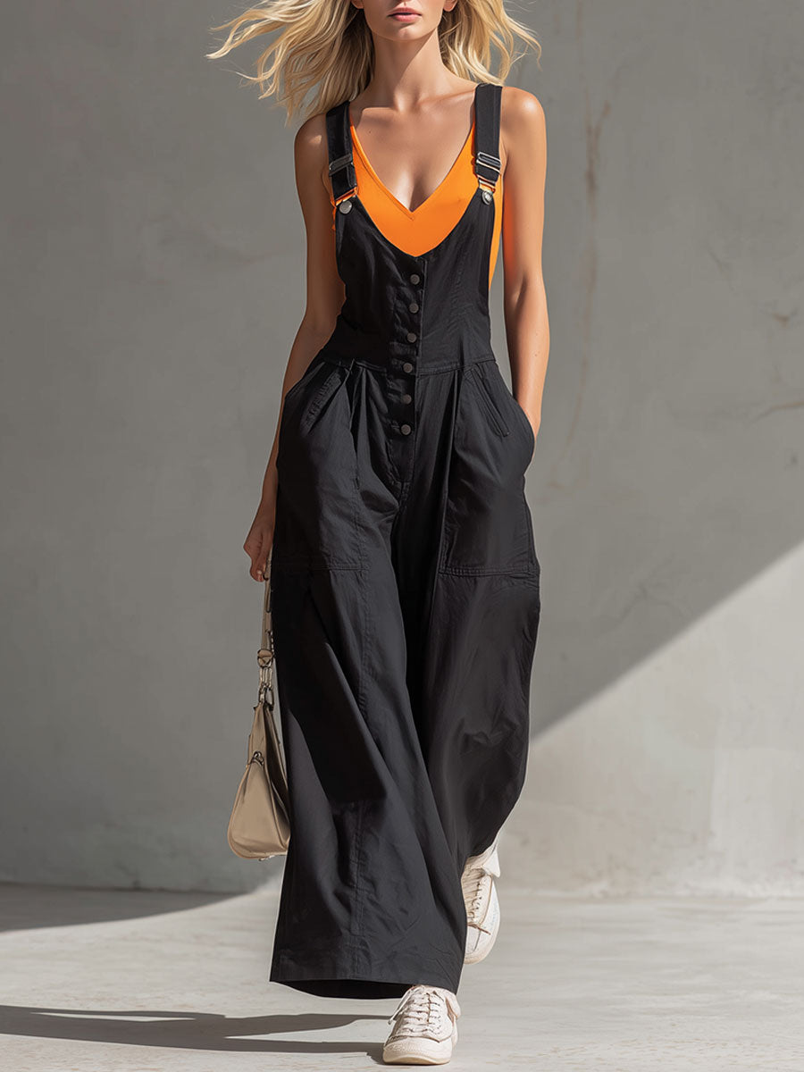 Retro-chic Casual Black Button V-neck Wide-leg Overalls