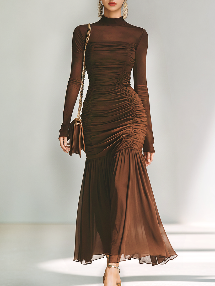 Stylish And Sexy Stand-up Collar Pleated Maxi Dress