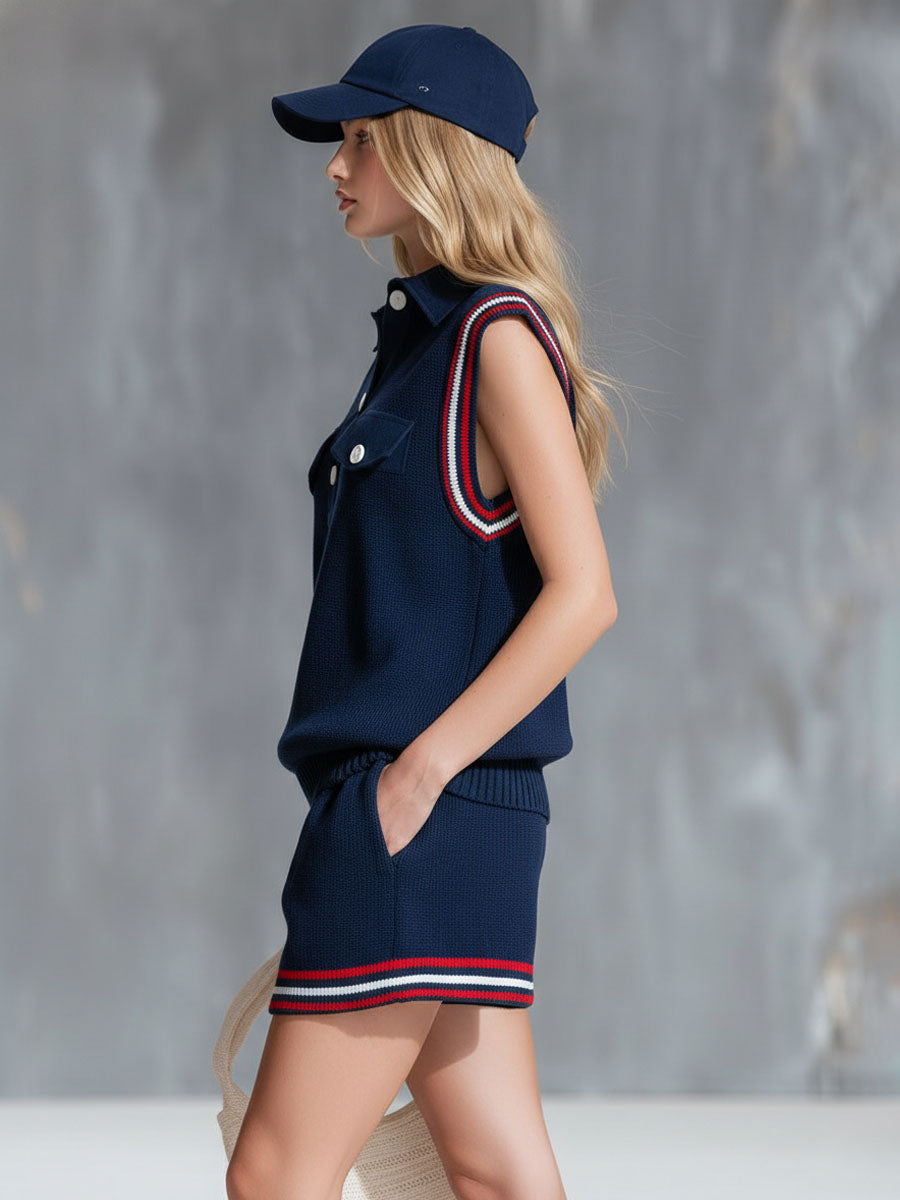 Collared Button-up Contrasting Ribbed Sleeveless Knit Top And Shorts Set