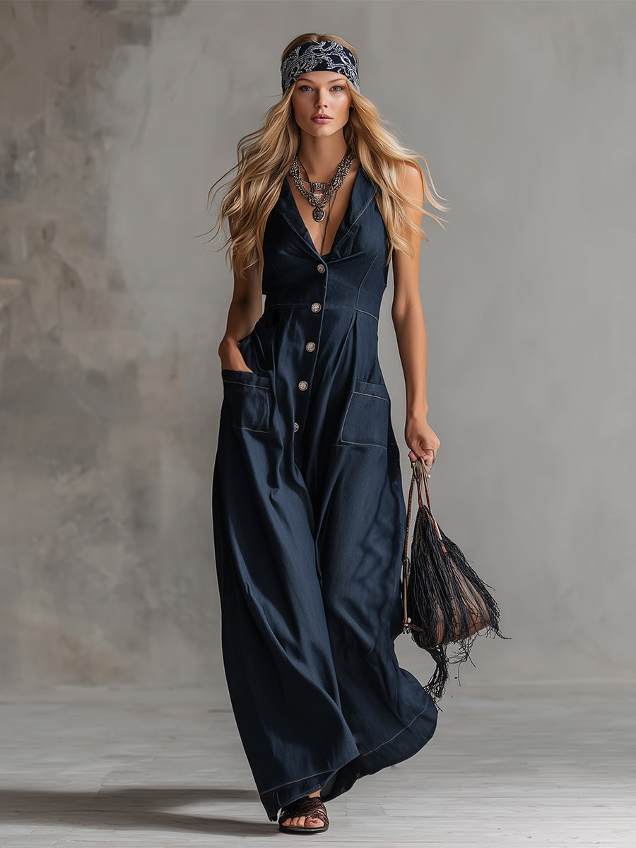 Elegant Urban Navy Blue Tencel Denim Sleeveless Maxi Dress