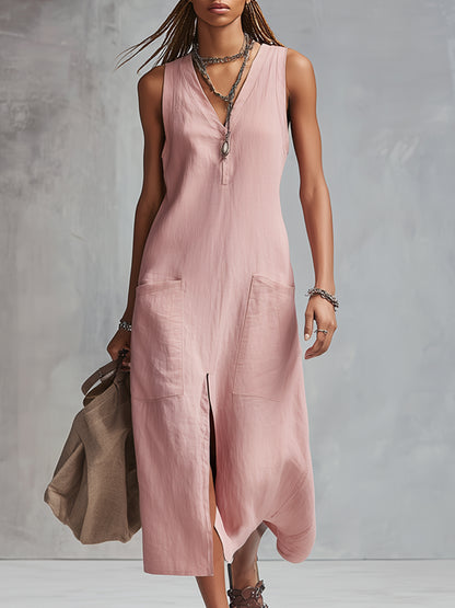 Classic Minimalist V-neck Pink Cotton And Linen Sleeveless Midi Dress