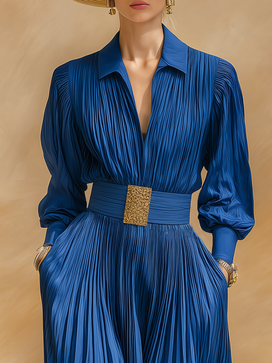 High-end Chic Pleated Royal Blue Satin Maxi Dress