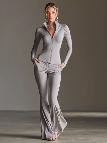 Fashionable Sporty Light Gray Long-sleeved Zip-up Top And Flared Pants Yoga Set