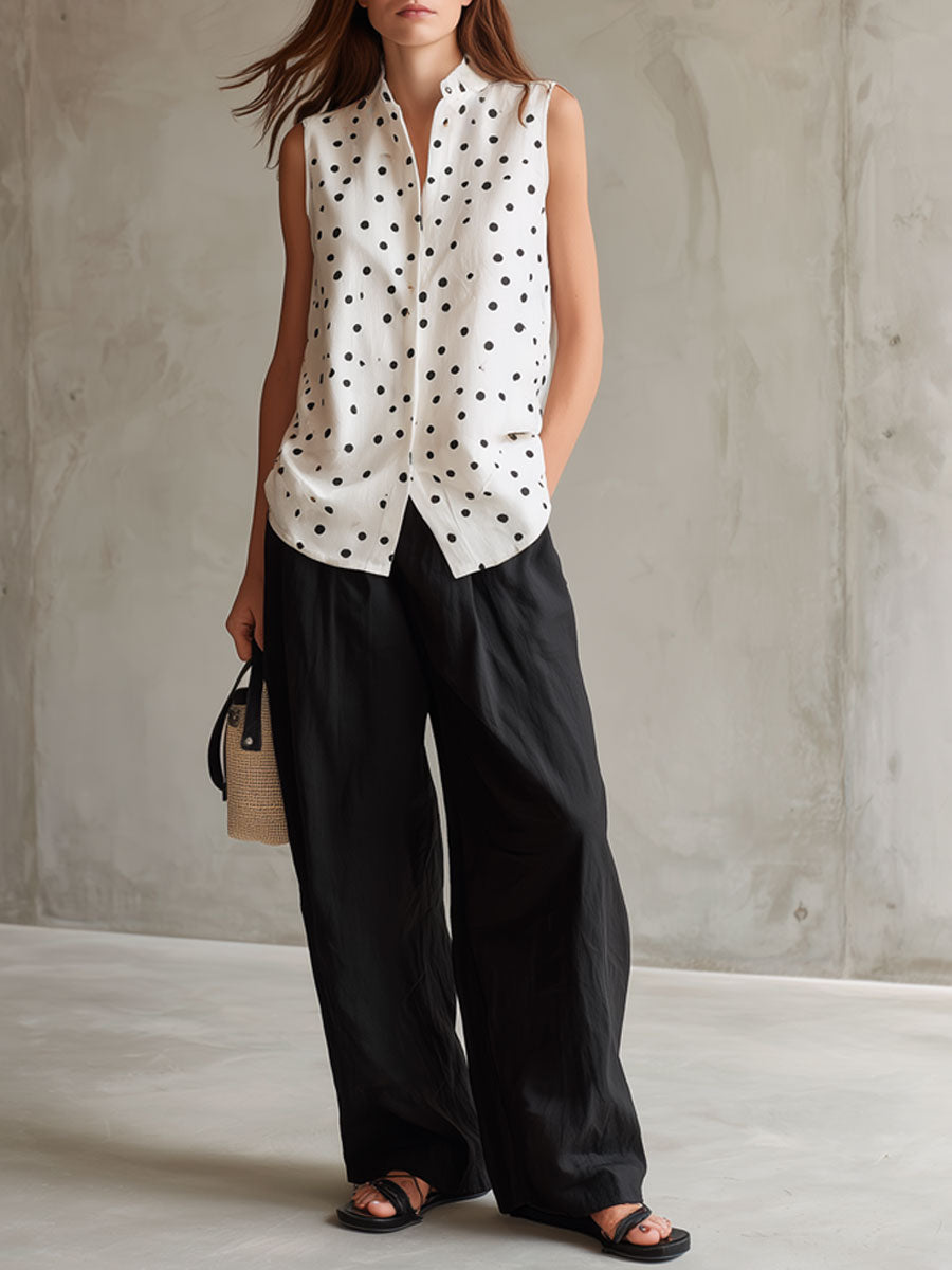 Casual Retro Cotton Linen Polka Dot Sleeveless Shirt And Wide-leg Pants Set