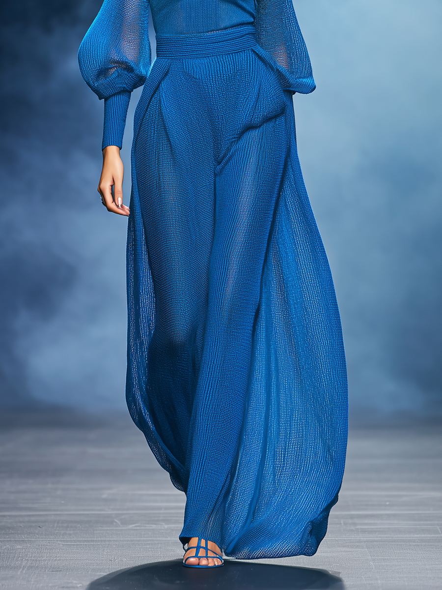 Casual And Stylish Blue Slightly Sheer Knit Top And Wide-leg Pants Set