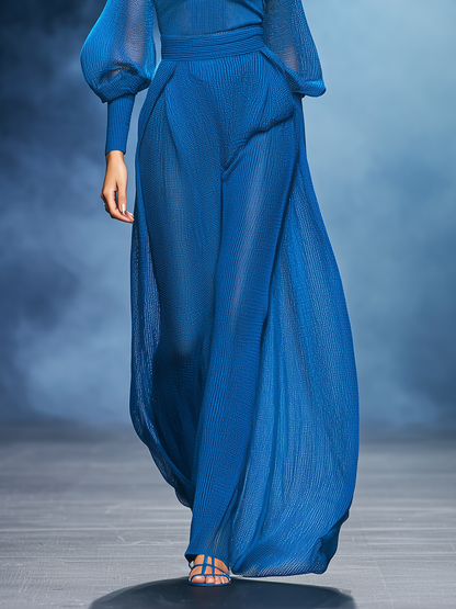 Casual And Stylish Blue Slightly Sheer Knit Top And Wide-leg Pants Set