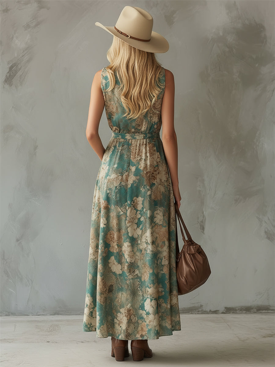 Retro Western-style Green Floral Print Chiffon Collared Sleeveless Maxi Dress