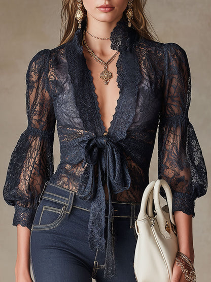 Fashionable Retro V-neck Bow-tie Long-sleeved Navy Blue Lace Shirt