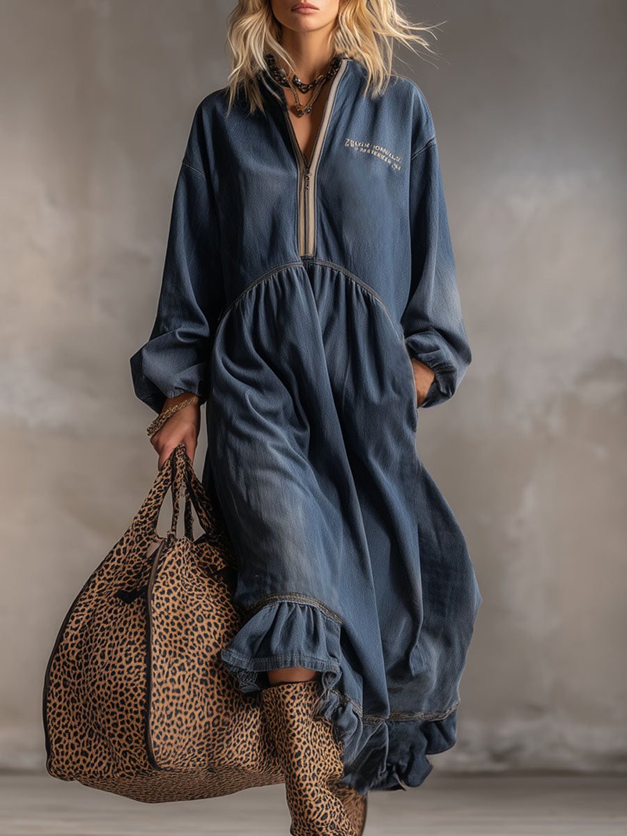 Retro Stand-up Collar Zipper Letter Embroidery Washed Denim Midi Dress