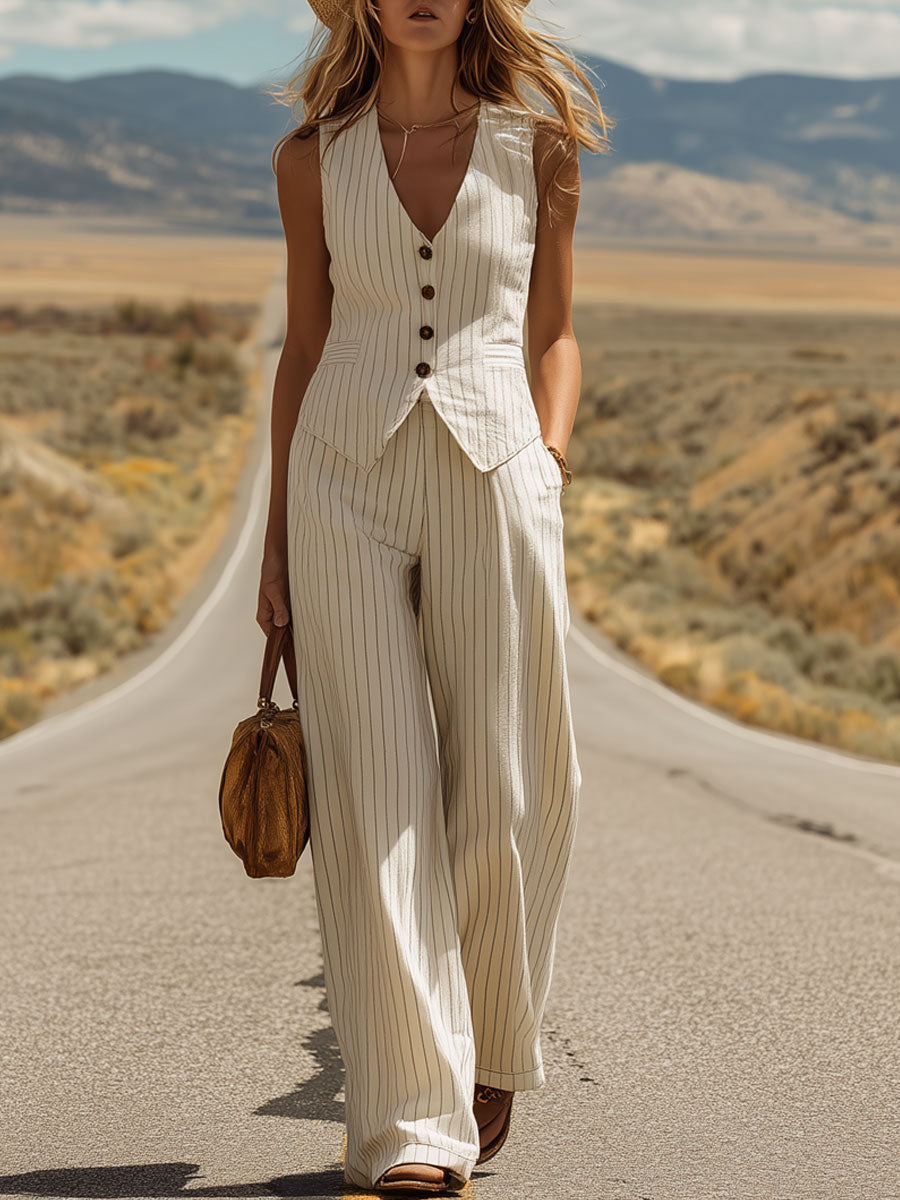Western Bohemian Retro Apricot Striped Cotton Linen Vest And Pants Set