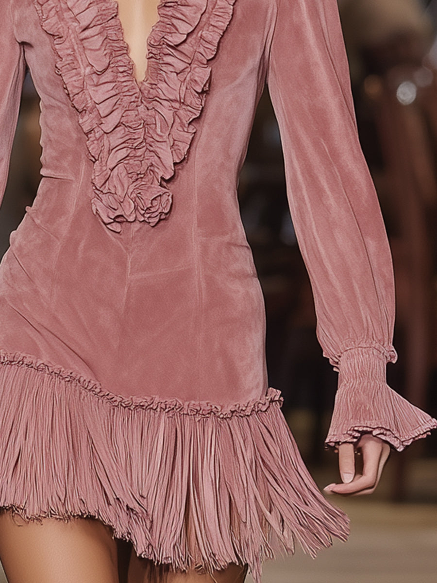 Western-style Pink Faux Suede With Ruffled Trim And Tassels  Mini Dress