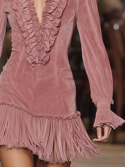Western-style Pink Faux Suede With Ruffled Trim And Tassels  Mini Dress