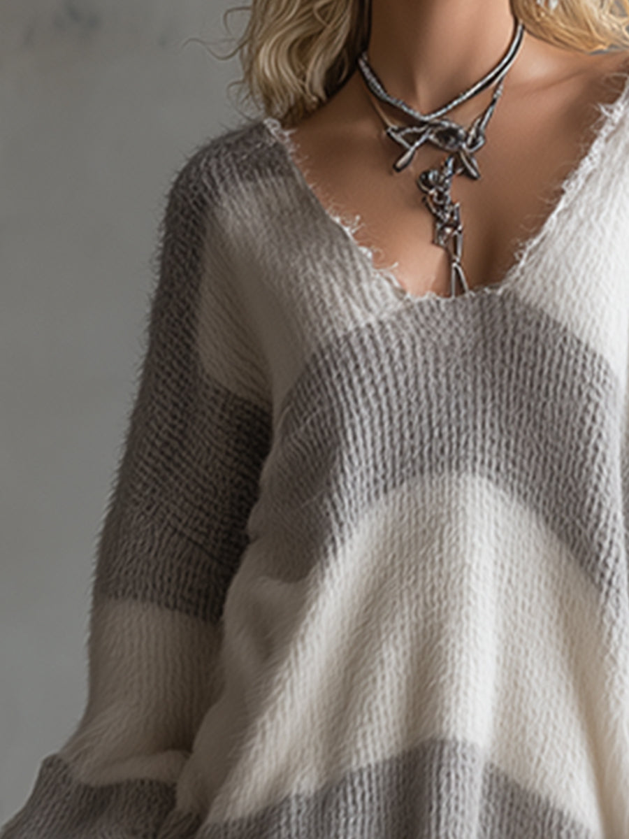 Stylish And Exquisite Gray And White Striped Faux Rabbit Fur Knit Mini Dress