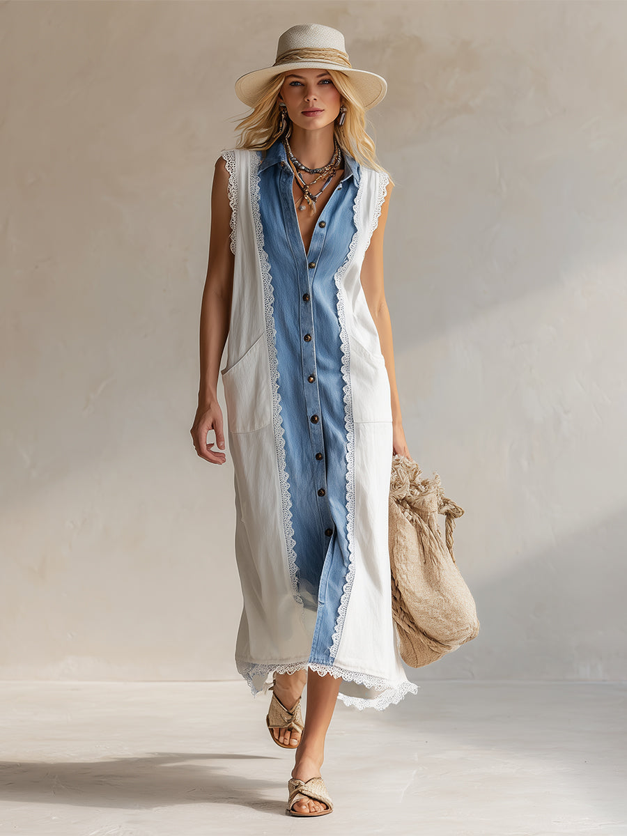 Elegant Urban Style Color-blocked Tencel Denim Sleeveless Maxi Dress