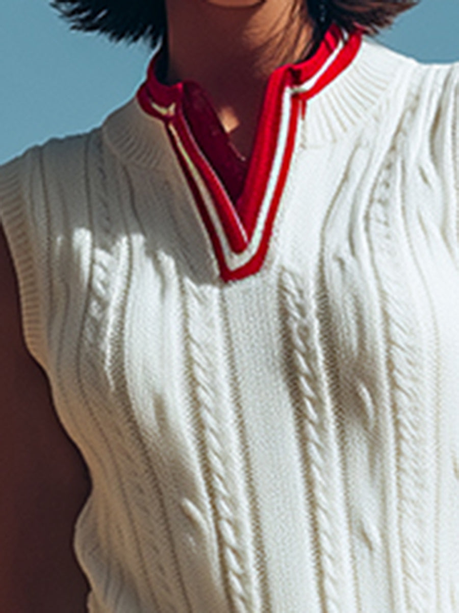 Retro Sports Style Stand-up Collar Sleeveless Knitted Vest