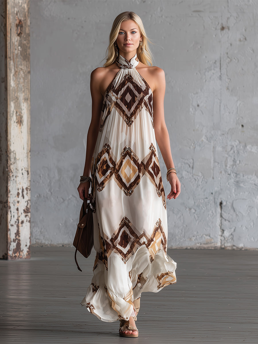 Vintage Ethnic Style Off-white Printed Halter-neck Sleeveless Maxi Dress