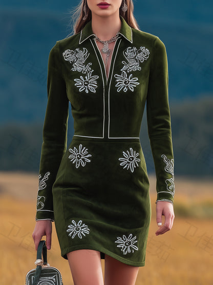 Vintage Green Faux Suede Western Embroidered Mimi Dress