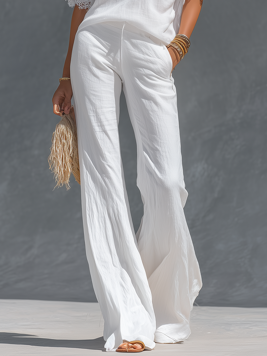 Retro V-neck Cotton And Linen Short-sleeved T-shirt And Wide-leg Pants Set