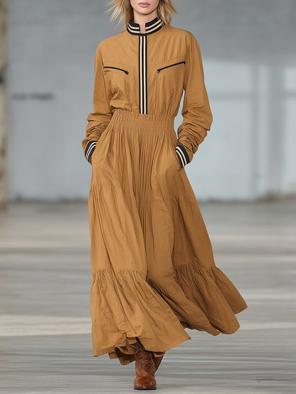 Casual Khaki Striped Elastic Waist Maxi Dress