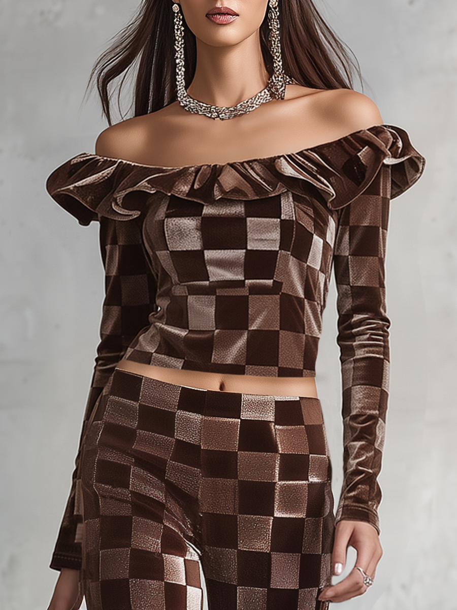 Sporty And Elegant Ruffle Off-the-shoulder Velvet T-shirt And Pants Set