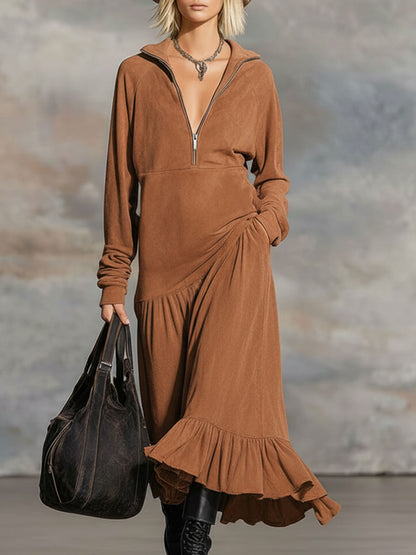 Collared Zipper Ruffle Cotton Long-sleeved Midi Dress