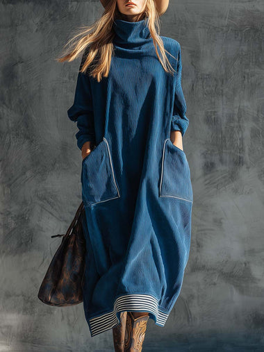 Casual Fashion Vintage High Collar Large Side Pockets Blue Corduroy Midi Dress