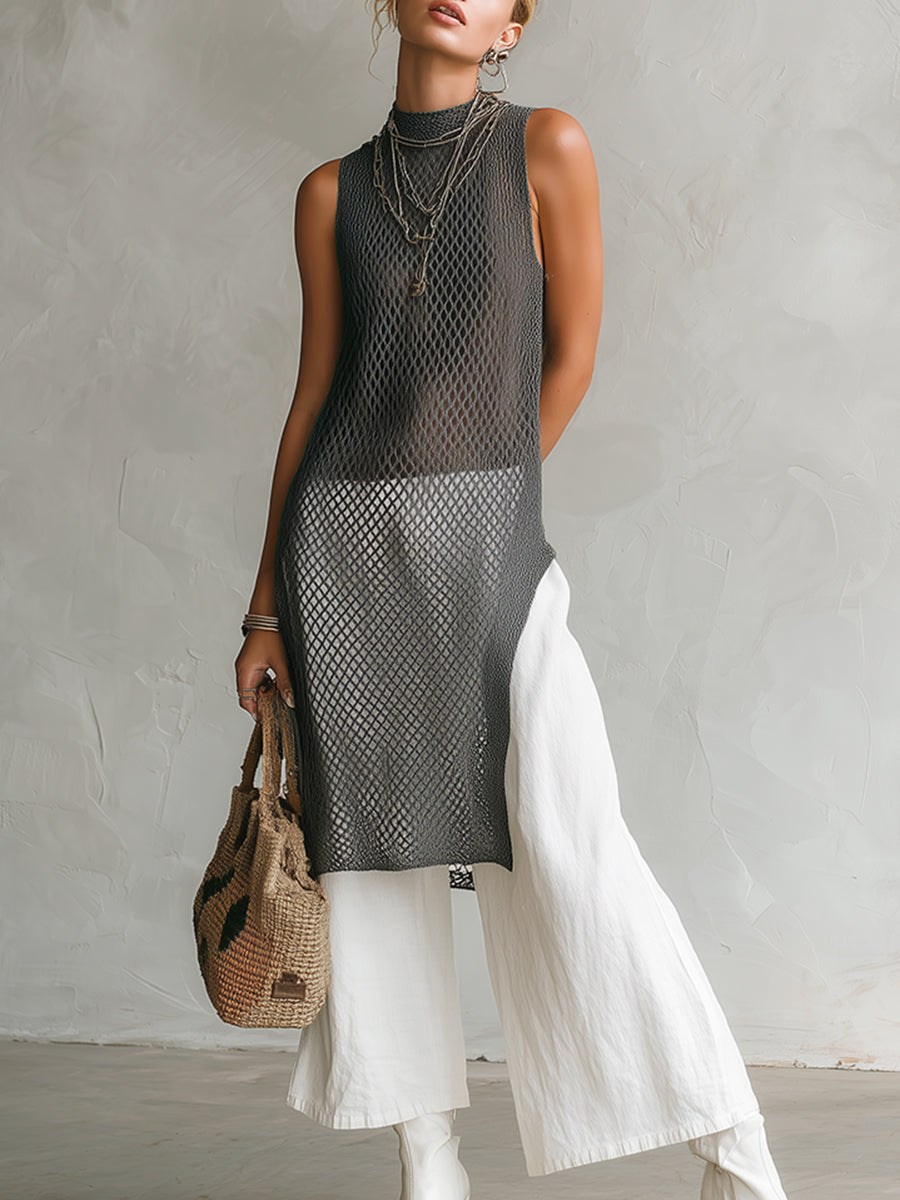 Urban Gray Openwork Knit Slit Long Top And White Cotton Linen Pants Set