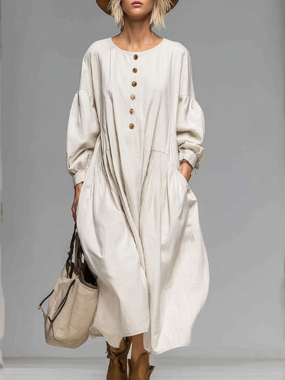 Loose Round-neck Button-front Double-pocket Cotton Long-sleeved Midi Dress