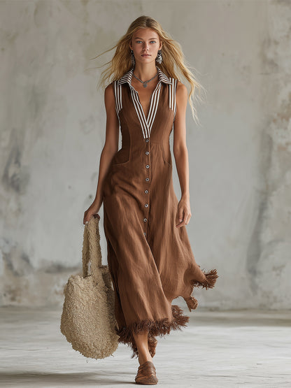 Retro Casual Striped Collar Brown Cotton And Linen Sleeveless Maxi Dress