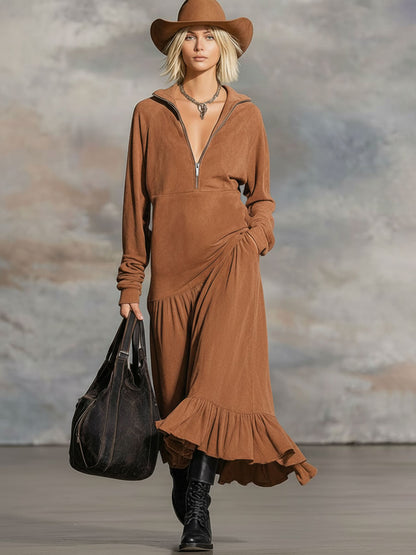 Collared Zipper Ruffle Cotton Long-sleeved Midi Dress