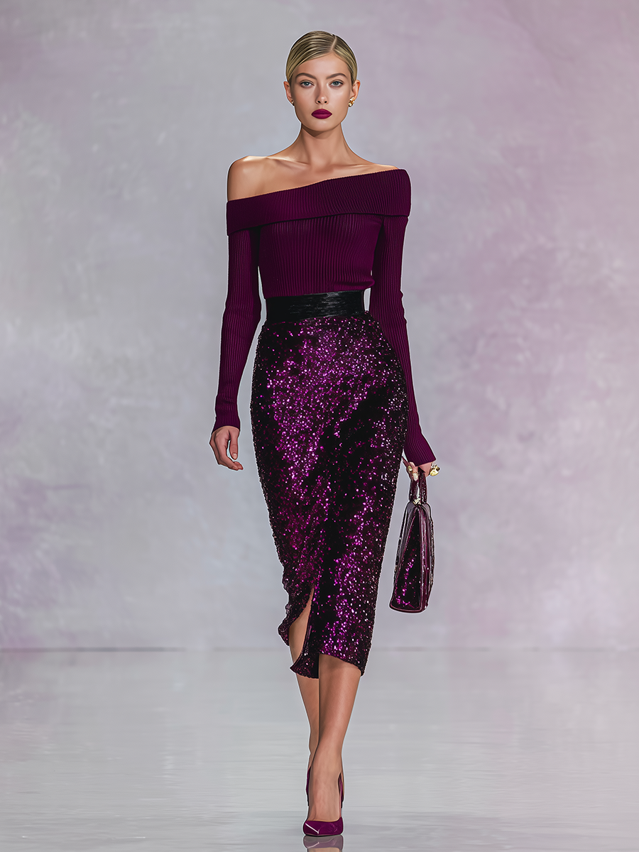 Elegant Sexy Off-shoulder Knit Ribbed Sequined Midi Dress